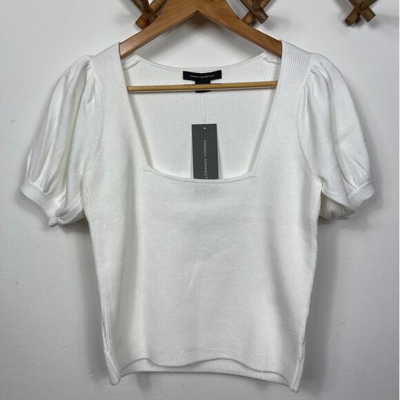 New French Connection White Jaida Ribbed Square Neck SS Sweater Size L - Picture 2 of 7